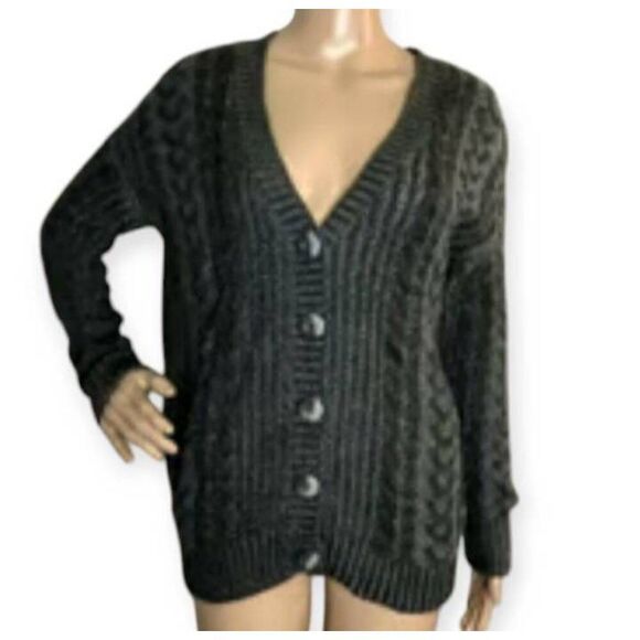 OLIVE & OAK CHARCOAL PATCH ELBOW CARDIGAN SZ.M FITS LIKE AN XL EUC. - Picture 2 of 8